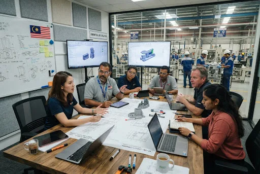 Engineers and Product Designers Collaborating on Blueprints